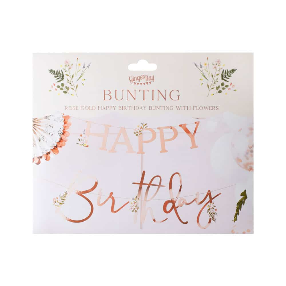 Rosegull Happy Birthday-banner med blomster