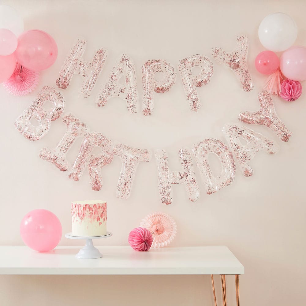 Happy birthday gjennomsiktig ballong-banner med roségull konfetti