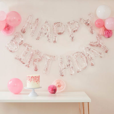 Happy birthday gjennomsiktig ballong-banner med roségull konfetti