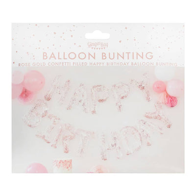 Happy birthday gjennomsiktig ballong-banner med roségull konfetti