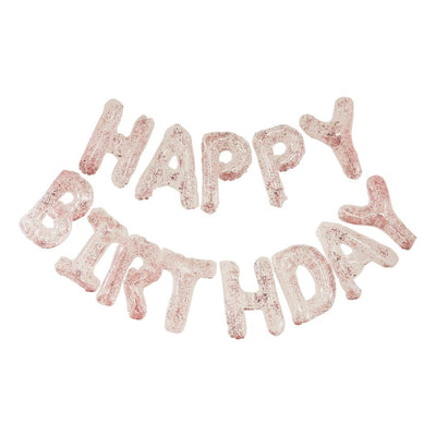 Happy birthday gjennomsiktig ballong-banner med roségull konfetti