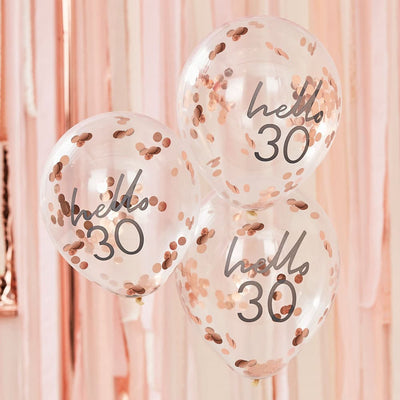 Hello 30 år bursdagsballonger med konfetti