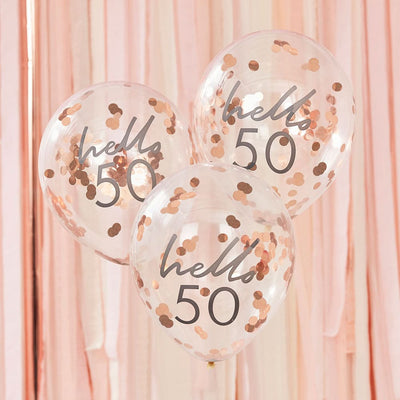 Hello 50 år bursdagsballonger med konfetti