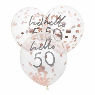 Hello 50 år bursdagsballonger med konfetti