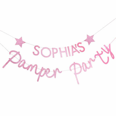 Pamper Party personaliserbart banner i rosa glitter