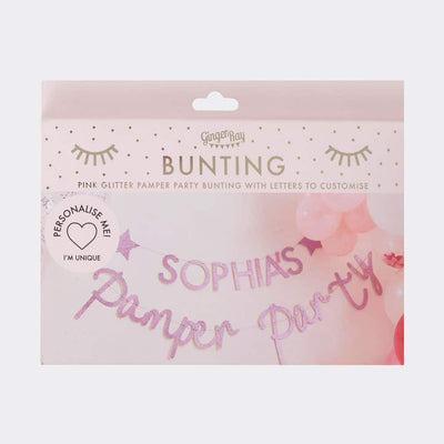 Pamper Party personaliserbart banner i rosa glitter