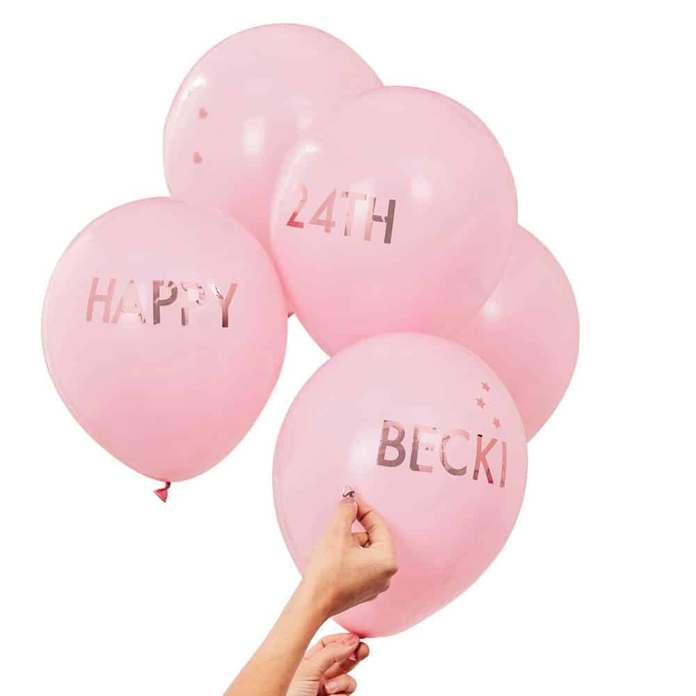 Pink and rose gold balloons with customizable text