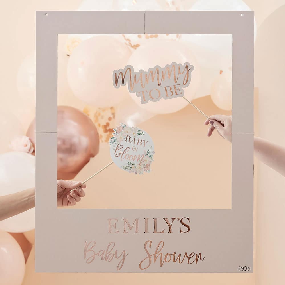 Roségullfoliert blush baby shower-ramme med personlig tilpassbar tekst