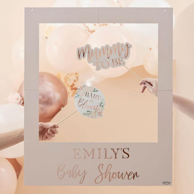 Roségullfoliert blush baby shower-ramme med personlig tilpassbar tekst