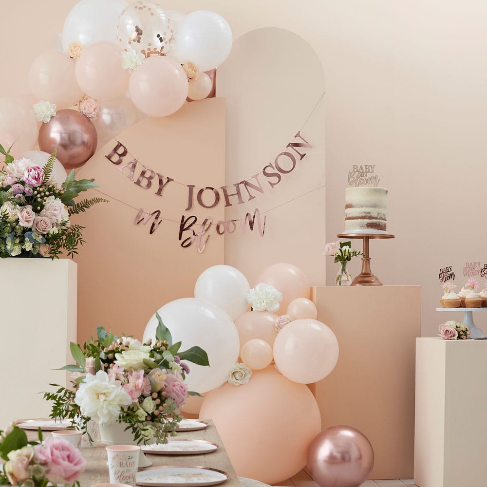 Roségullfoliert blush baby shower-ramme med personlig tilpassbar tekst