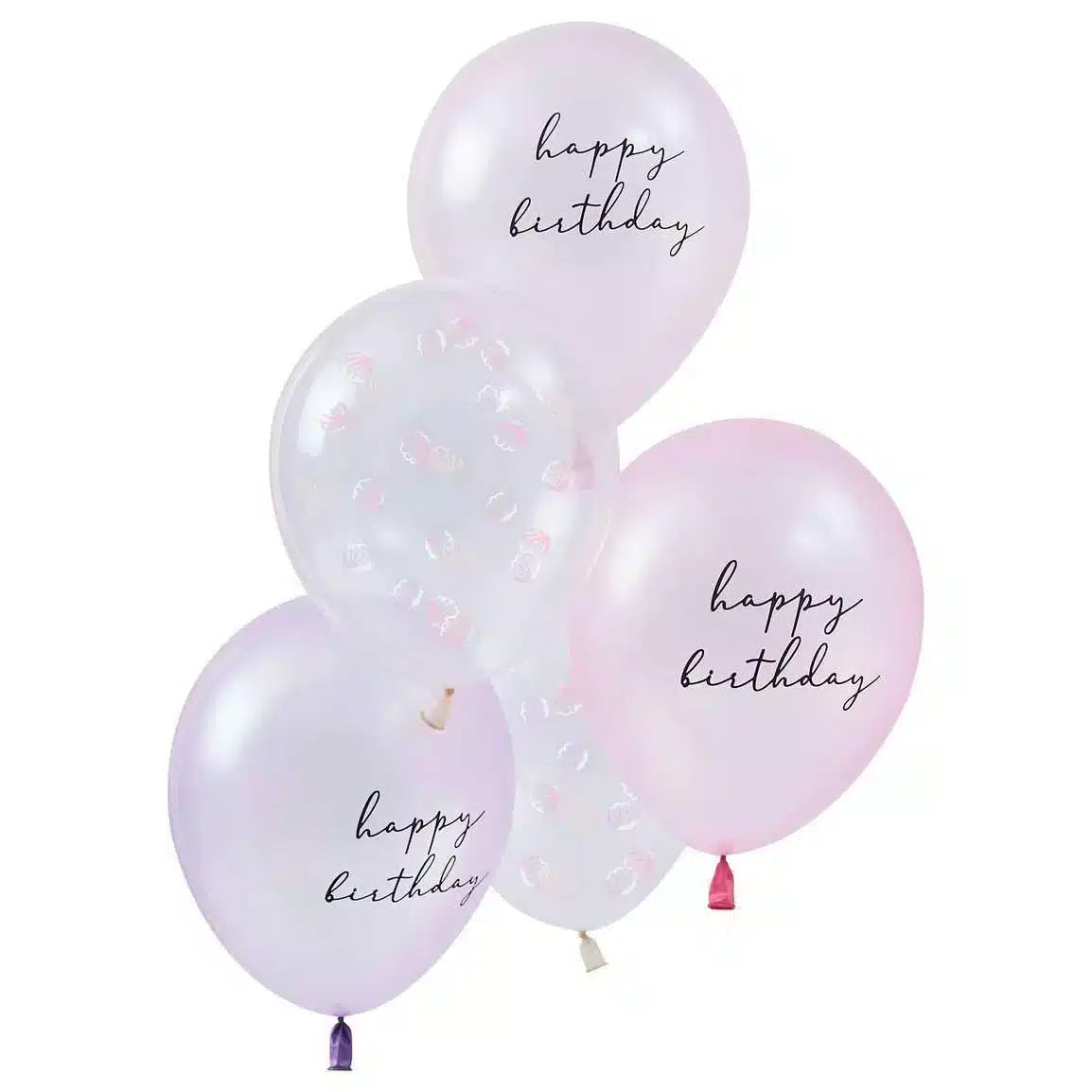 Pink and purple 'Happy Birthday' balloons with shell confetti