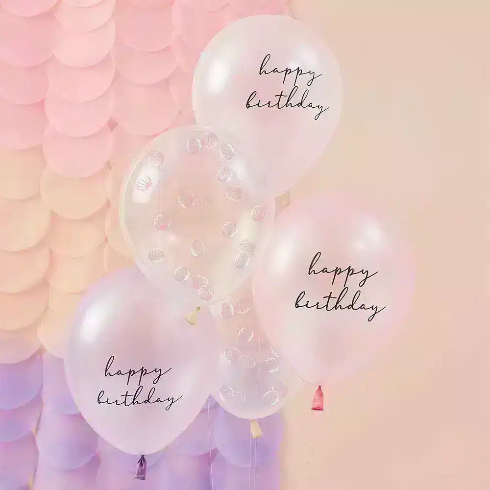 Pink and purple 'Happy Birthday' balloons with shell confetti