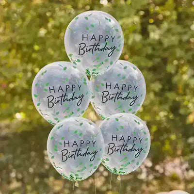 Happy birthday ballonger med blad konfetti
