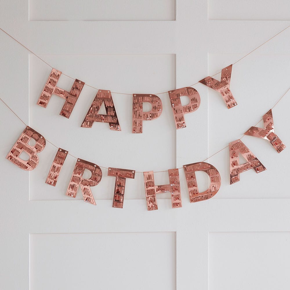 'Happy Birthday' frynsete banner i rosegull