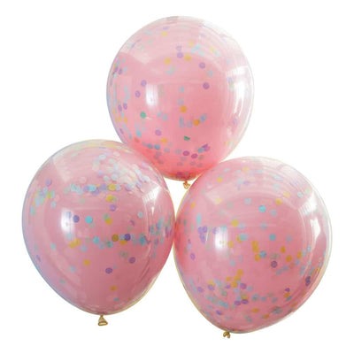 Rosa og pastellfargede ballonger med regnbuekonfetti